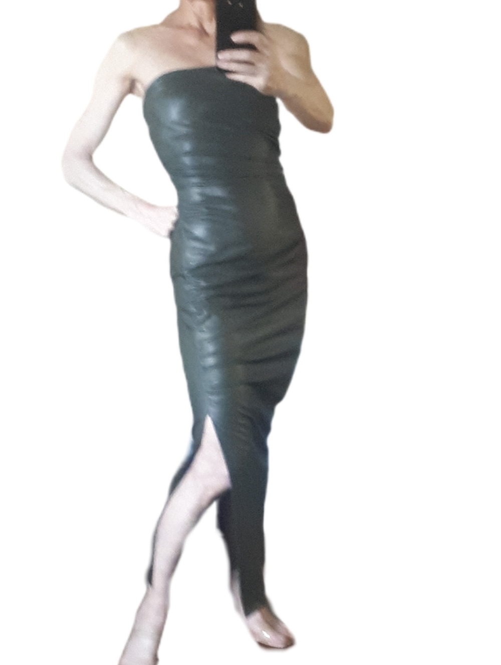 Zara Strapless Khaki Faux-Leather Dress with Thigh Slit